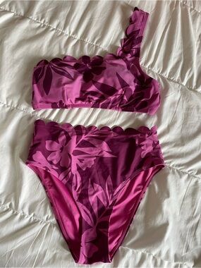 Magenta Floral One-Shoulder Bikini Set